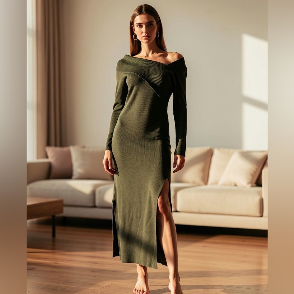 Line & Dot Olive Off-Shoulder Ribbed Knit Bodycon Midi Dress Women’s L
